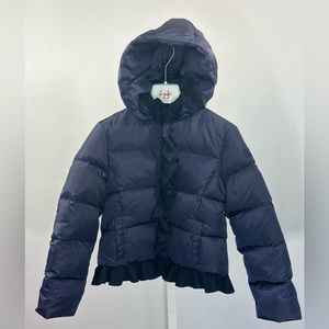 IL GUFO - New! Navy Blue Down Hooded Puffer Jacket with Ruffled Trim. 6 Years